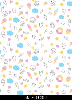 Delizioso motivo vettoriale senza cuciture con caramelle, nuvole, creme IE, stelle e ciambelle su sfondo bianco. Dolci disegnati a mano. Illustrazione Vettoriale