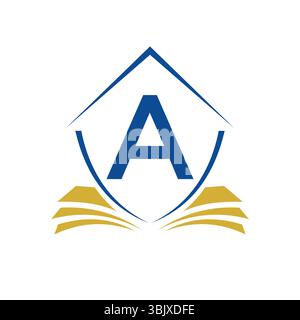 Logo Education su lettera A Concept con modello vettoriale simbolo del libro Illustrazione Vettoriale