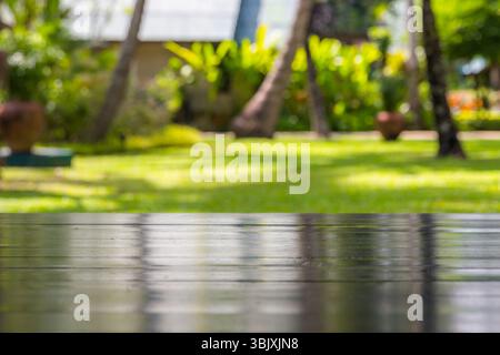 Cima di un tavolo di legno con sfondo di palme Foto Stock