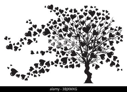 Albero nel vento con cuori - illustrazione disegno vettoriale in bianco e nero Illustrazione Vettoriale