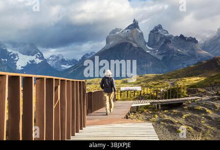 Il Cuernos del Paine o "corna di Paine" è un nome collettivo dato a una serie di picchi di granito picchi a picco nel Torres del Paine National P Foto Stock