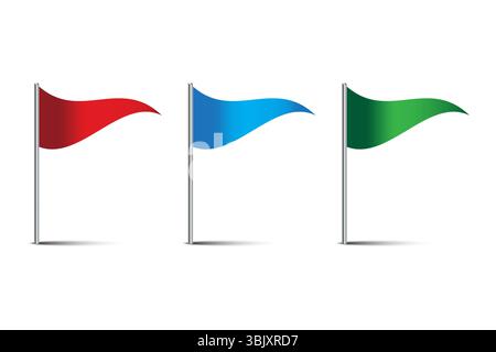 Icone a bandiera a colori. Rosso, blu, verde. Simboli dei segnali dei poli. Modulo di navigazione vettoriale. Illustrazione Vettoriale