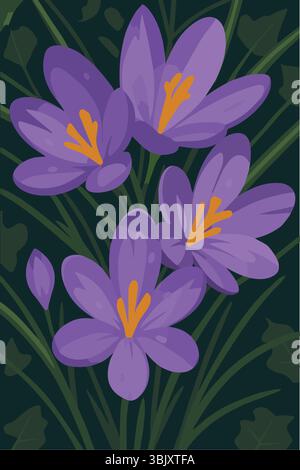 Un'illustrazione di quattro fiori di croco in fiore e di un solo bocciolo. I fiori si trovano in un campo verde. Illustrazione Vettoriale