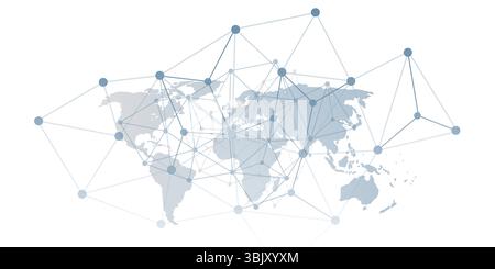 Un design creativo grafico vettoriale concettuale che mostra una mappa del mondo sovrapposta a una rete di nodi e linee interconnesse, che rappresentano i comuni globali Illustrazione Vettoriale
