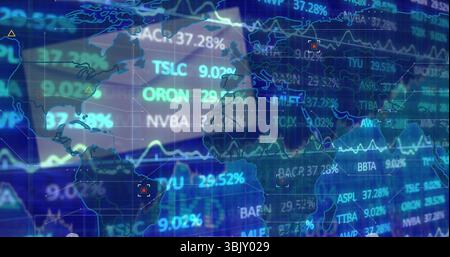 Visualizzazione della sovrapposizione della mappa mondiale fluttuante sulla schermata di trading, con ticker e percentuali a scorrimento Foto Stock