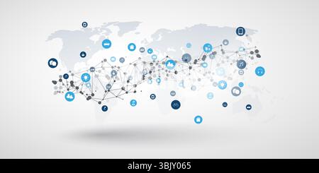 Grafica vettoriale che illustra l'IoT e la connettività globale. Una mappa del mondo è sovrapposta a una rete di nodi e icone che rappresentano dispositivi intelligenti e se Illustrazione Vettoriale