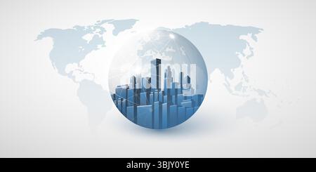 Un'illustrazione concettuale dell'urbanizzazione globale, della tecnologia, con uno skyline stilizzato della città all'interno di un globo trasparente, ambientato su una mappa del mondo ba Illustrazione Vettoriale