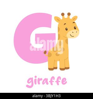 Adorabile giraffa cartoni animati in piedi vicino alla grande lettera G rosa per i bambini che imparano l'alfabeto Illustrazione Vettoriale