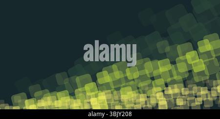 Un moderno sfondo astratto presenta quadrati arrotondati sovrapposti in tonalità verdi e gialle vivaci su uno sfondo scuro, creando una dinamica, geometrica, Illustrazione Vettoriale