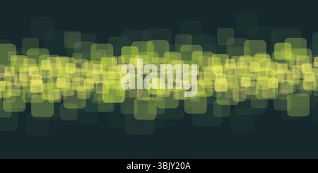 Un moderno sfondo astratto presenta quadrati arrotondati sovrapposti in tonalità verdi e gialle vivaci su uno sfondo scuro, creando una dinamica, geometrica, Illustrazione Vettoriale