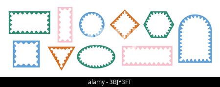 Ondulato, bordi igzag forme geometriche, collezione di figure. Arco geometrico semplice, cerchio, figure astratte rettangolari. Illustrazione Vettoriale
