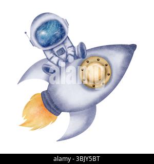 Bellissimo astronauta, cosmonauta in casco seduto su razzo spaziale, astronave. Illustrazione digitale acquerello Foto Stock