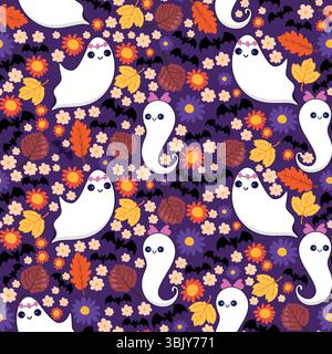 Simpatico motivo fantasma con foglie autunnali e fiori colorati. Adorabili fantasmi di Halloween con pipistrelli, fiori e foglie cadenti su uno sfondo viola Illustrazione Vettoriale