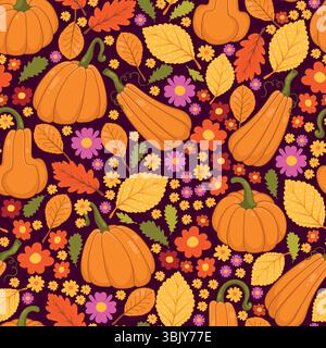 Motivo senza cuciture della zucca autunnale con foglie e fiori colorati. Sfondo autunnale per le feste con verdure, fogliame e fiori perfetti per Illustrazione Vettoriale