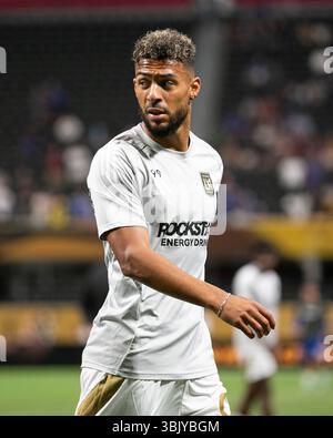 Atlanta, Stati Uniti. 16 giugno 2025. L'attaccante del LAFC Denis Bouanga (99) si scalda prima della partita di Coppa del mondo per club FIFA contro il Chelsea FC al Mercedes-Benz Stadium di Atlanta, Georgia, il 16 giugno 2025. (Foto di Kindell Buchanan/Sipa USA) credito: SIPA USA/Alamy Live News Foto Stock