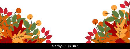 Mazzi di foglie d'autunno colorati disegnati a mano composizione cornice fronte/retro bordo Copia modello spazio. Immagini vettoriali isolate temi autunnali biglietti di invito o banner promozionale, opuscolo, etichetta, prezzo Illustrazione Vettoriale