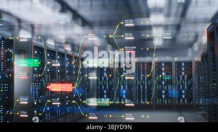 Data center moderno con rack server in grande storage con animazione VFX. Visualizzazione animata dei diagrammi del traffico Internet sui server. Digitalizzazione e concetto di Internet delle cose. Foto Stock