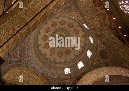 I visitatori ammirano intricati motivi e colori vivaci sul soffitto di un'antica moschea di Istanbul, che mostra squisita maestria artigianale. Foto Stock