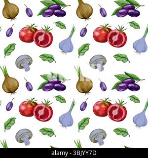 Illustrazione ad acquerello della pizza e del set illustrativo degli ingredienti. Fast food italiano disegnato a mano isolato su sfondo bianco Foto Stock