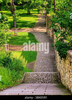 Affascinante sentiero che conduce verso il basso, fiancheggiato da vegetazione e da un muro di pietra. I gradini sono fatti di pietra e conducono ad un'area panoramica con erba lussureggiante e alberi, creando una serena atmosfera all'aperto. Foto Stock