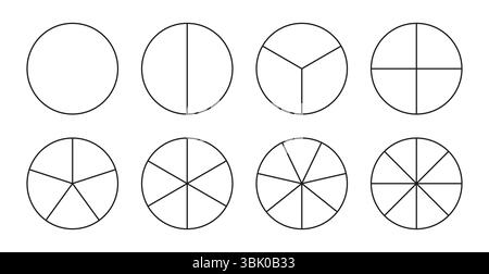 I grafici segmentati sono isolati su sfondo bianco. Delineare una grafica nera sottile. Raccolta di grafici a torta. Molti settori dividono il cerchio Illustrazione Vettoriale