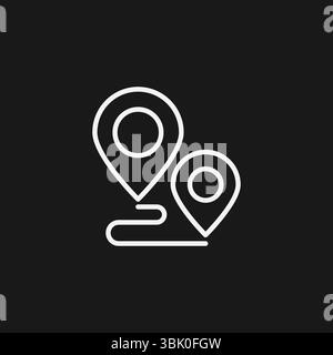 Due pin di posizione collegati da un percorso su sfondo nero, che rappresentano la pianificazione della distanza o del percorso, icona contorno bianco Illustrazione Vettoriale
