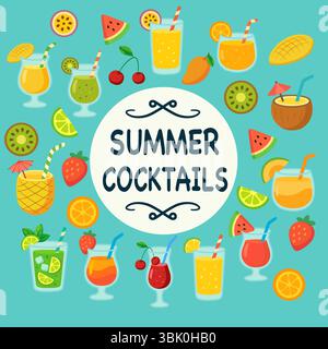 Set di cocktail estivi colorati. Illustrazione Vector con bevande rinfrescanti tropicali. Illustrazione Vettoriale