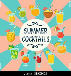 Set di cocktail estivi colorati. Illustrazione Vector con bevande rinfrescanti tropicali. Illustrazione Vettoriale