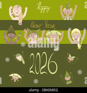 Carta di Capodanno con ragazze di diversa etnia Illustrazione Vettoriale