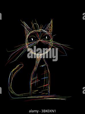 Disegno vettoriale a mano libera di un gatto con colori su sfondo nero Foto Stock