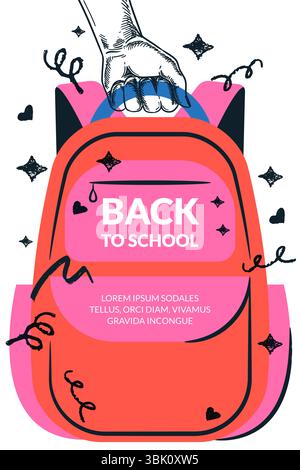 Bambino che tiene a mano lo zaino rosso. Disegno vettoriale disegnato a mano semplice illustrazione moderna. Elementi di design per banner o poster per il ritorno a scuola. Istruzione c Illustrazione Vettoriale