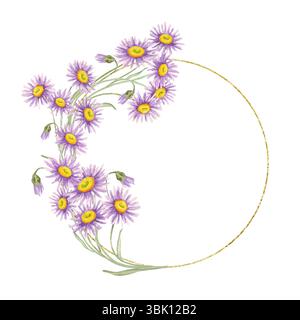 Corona semicircolare composta da ceramiche viola su un anello d'oro. Modello circolare per schede Wildflower Clipart acquerello adatto per la progettazione di logo, sigilli di prodotto o badge decorativi sulla confezione Foto Stock