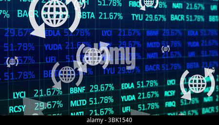 Visualizzazione di un gruppo di icone a globo che ruota su una griglia digitale scura, con simboli a forma di ticker Foto Stock