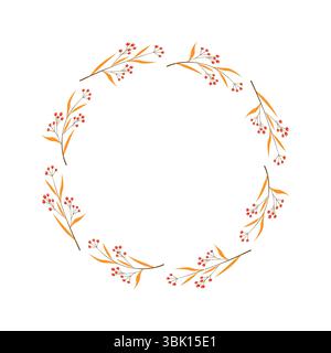 Corona autunnale con bacche rosse e foglie d'arancia cornice botanica disegnata a mano Illustrazione Vettoriale