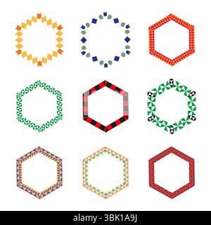 Raccolta del telaio esagonale. Design colorato. Forma del bordo geometrico. Elemento astratto vettoriale. Illustrazione Vettoriale