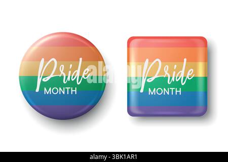 Set di distintivi vettoriali Pride Month con bandiera arcobaleno. Design dei pulsanti LGBTQ rotondi e quadrati per simbolo di uguaglianza, evento orgoglio, supporto dei diritti gay, diversità Illustrazione Vettoriale