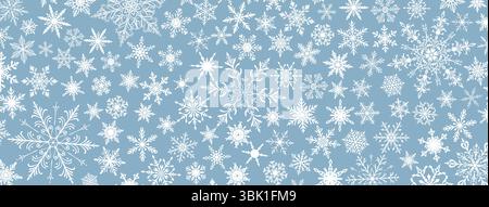 Una vivace illustrazione natalizia con vari intricati fiocchi di neve di varie dimensioni e design, bianca su sfondo azzurro. Illustrazione Vettoriale
