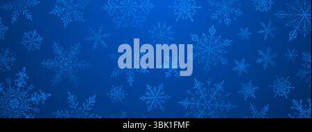 Una vivace illustrazione natalizia con vari intricati fiocchi di neve di varie dimensioni e design, in tonalità blu. Illustrazione Vettoriale