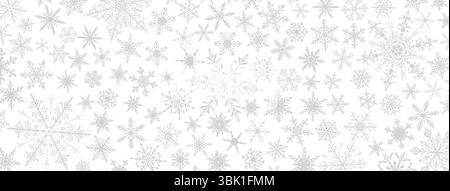 Una vivace illustrazione natalizia con vari intricati fiocchi di neve di varie dimensioni e design, grigi su sfondo bianco. Illustrazione Vettoriale
