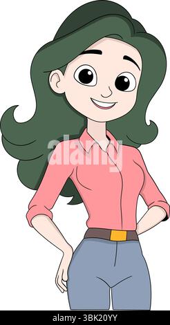 Illustrazione vettoriale di una giovane donna sicura di sé con lunghi capelli verdi scuri, che indossa una camicia rosa e jeans Illustrazione Vettoriale