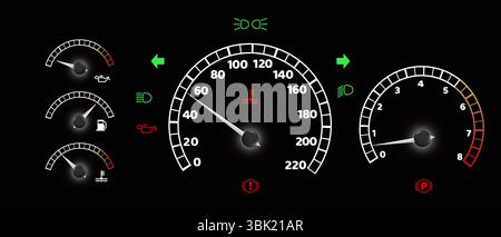 Interfaccia tachimetro cruscotto auto con indicatori luminosi che mostrano i numeri di velocità, quadrante contagiri, indicatore serbatoio carburante su sfondo nero per il design del display automobilistico del quadro strumenti del veicolo. Illustrazione Vettoriale