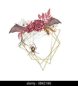 Illustrazione di rose di Borgogna, gemme e foglie rosa, ali di pipistrello, ragnatela e rami secchi ad acquerello. Design gotico con cornice geometrica dorata per ha Foto Stock