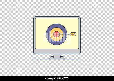 Illustrazione vettoriale del monitor del computer con bersaglio a stella e freccia che colpiscono il centro, simboleggiando la precisione e l'obiettivo Illustrazione Vettoriale