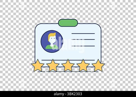Illustrazione vettoriale del badge ID rettangolare con avatar, stelle di valutazione e linguetta verde su sfondo trasparente Illustrazione Vettoriale