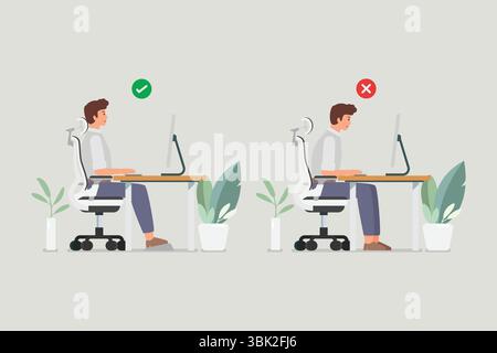 Posizione buona e postura errata per sedersi alla scrivania del computer. Illustrazione vettoriale Illustrazione Vettoriale