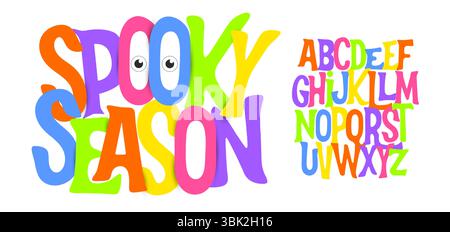 Halloween Fun font, Funny Cartoon Alphabet with Colorful Letters and Funny Eyes. Tipo infantile per la scrittura della stagione Spooky, le quotazioni di trucco o di dolcetto Illustrazione Vettoriale
