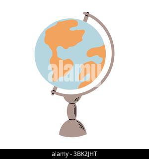 Immagine vettoriale piatta di un globo disegnato a mano, con una mappa del mondo semplificata su un supporto. Isolato su sfondo bianco. Perfetto per la scuola, trave Illustrazione Vettoriale