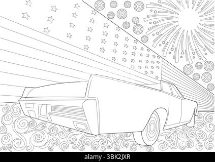 Disegno in bianco e nero con una classica auto d'epoca americana con bandiera statunitense, fuochi d'artificio e vortici decorativi sullo sfondo. Ideale come Illustrazione Vettoriale