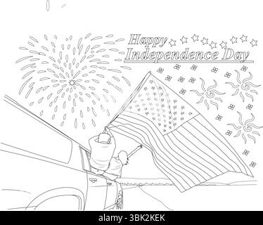 Illustrazione in linea bianca e nera per colorare, raffigurante due persone con una grande bandiera americana accanto a un'auto su una strada, con fuochi d'artificio e fes Illustrazione Vettoriale