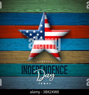 Il 4 luglio, giorno dell'indipendenza degli Stati Uniti, Banner Design con bandiera americana in simbolo a stella 3d e scritta tipografica su legno Vintage colorato Illustrazione Vettoriale